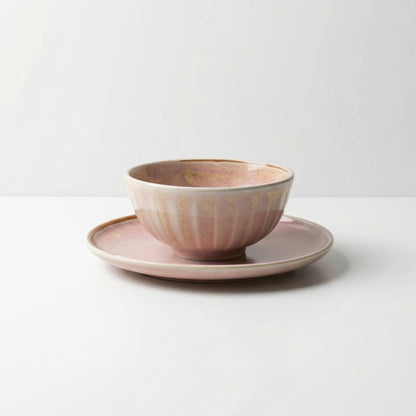 Pink Ribbed Bowl and Saucer