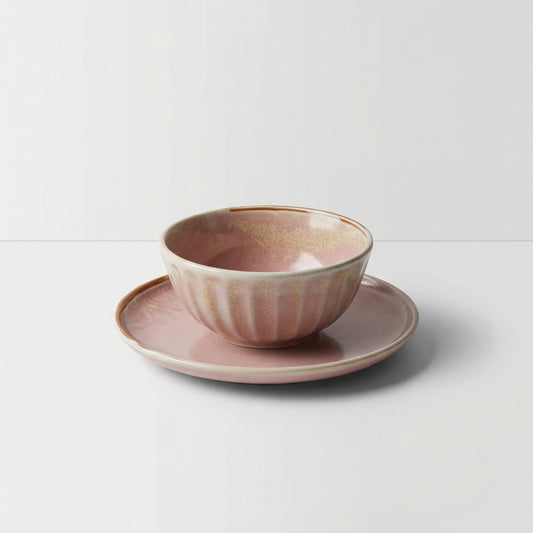 Pink Ribbed Bowl and Saucer